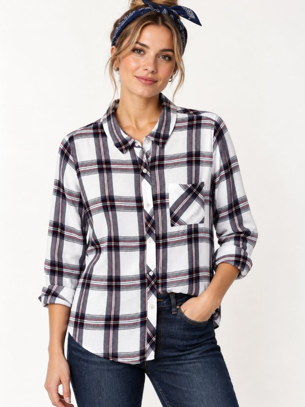 Rails Hunter Chambray Plaid Shirt in Navy, Scarlet, and White, Size M